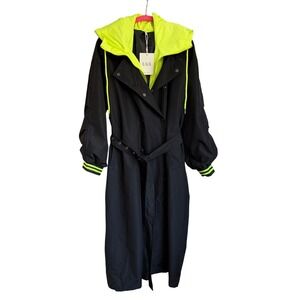 NWT UliA Black & Neon Yellow Hooded Trench Coat Belted Puff Sleeve, Size 1X-2X.
